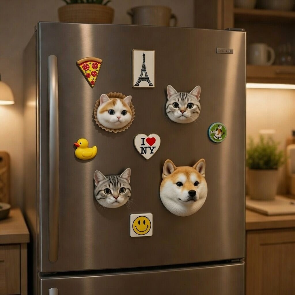 🐶 Custom 3D Pet Fridge Magnet – Realistic Dog & Cat Face Refrigerator Sticker! 🐱💕FurEver Memory